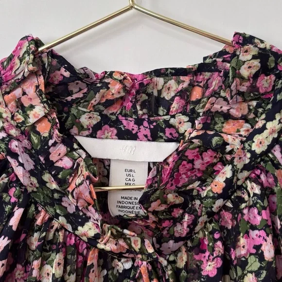 H&M| Black Pink Green Floral Long Sleeve Feminine Lightweight Blouse Sz L - Picture 5 of 7